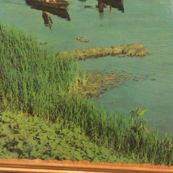 Solid Wood framed landscape print on board wall hanging grassland river boating - Picture 7 of 10